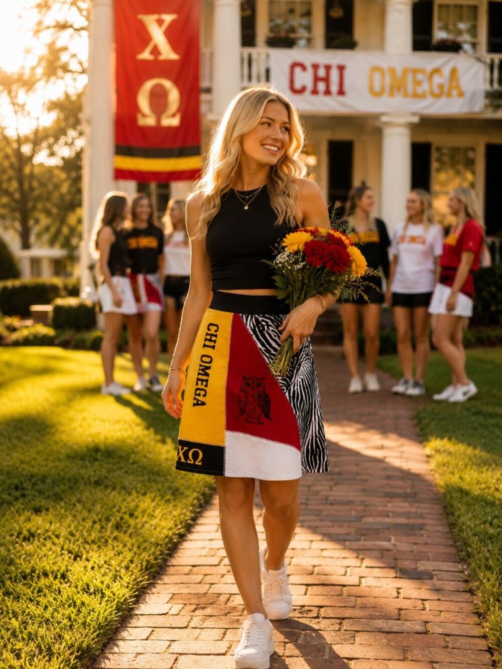 Chi Omega Sorority Patchwork Skirt | Upcycled Greek Life A-Line Midi | Size Med.